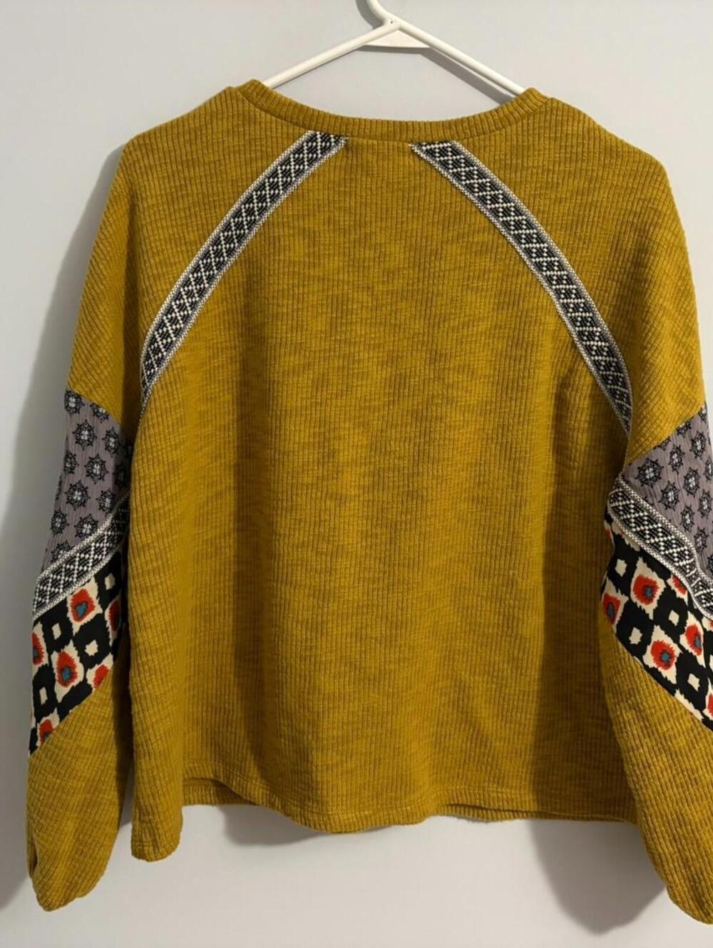 THML Ribbed Top Mustard Yellow Medium Patchwork Sleeves Decorative Trim Boho - Picture 2 of 8